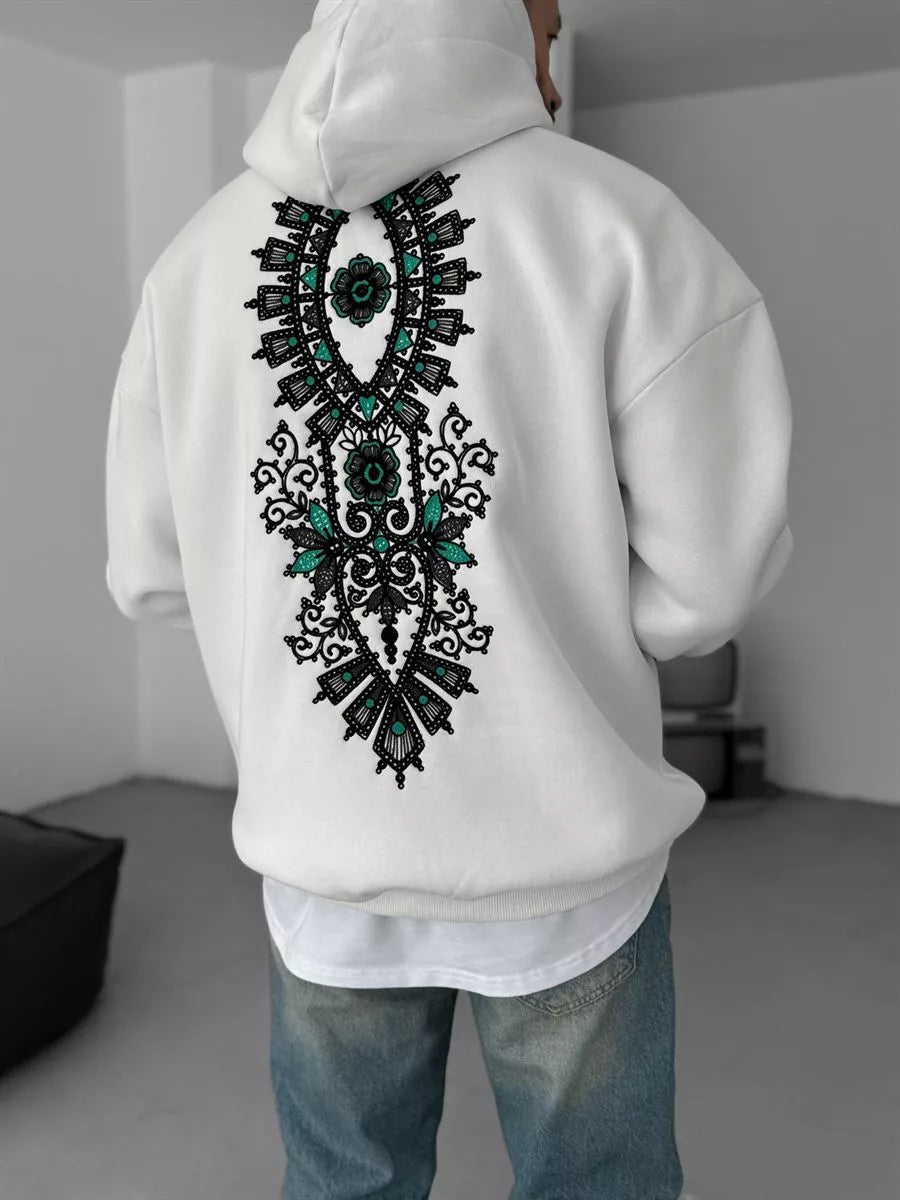 WHITE KNITTED EMBROIDERED HOODIE