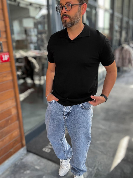 BLACK POLO FIT KNITWEAR T-SHIRT