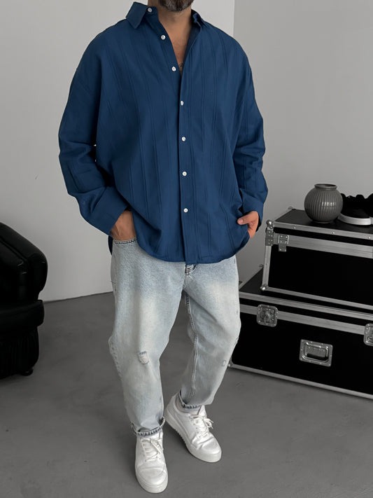 PETROL BLUE KNITTED STRIPED SHIRT