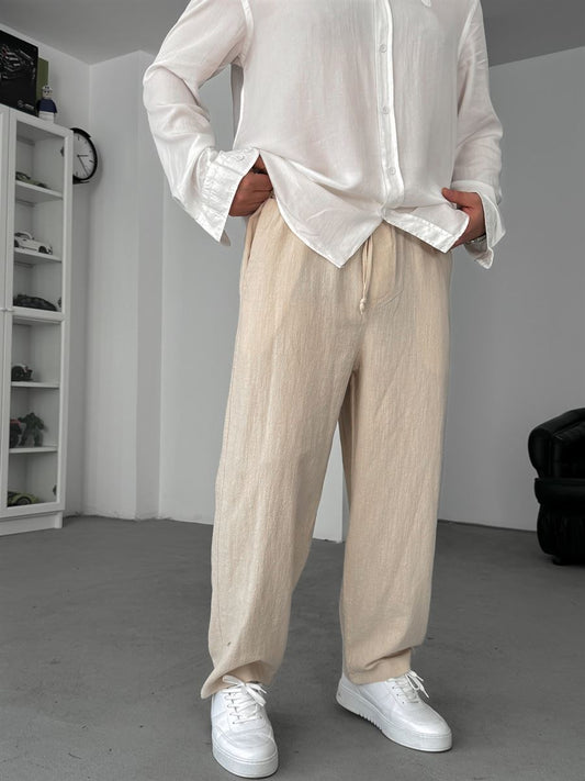 BEIGE LINEN TEXTURED TROUSERS