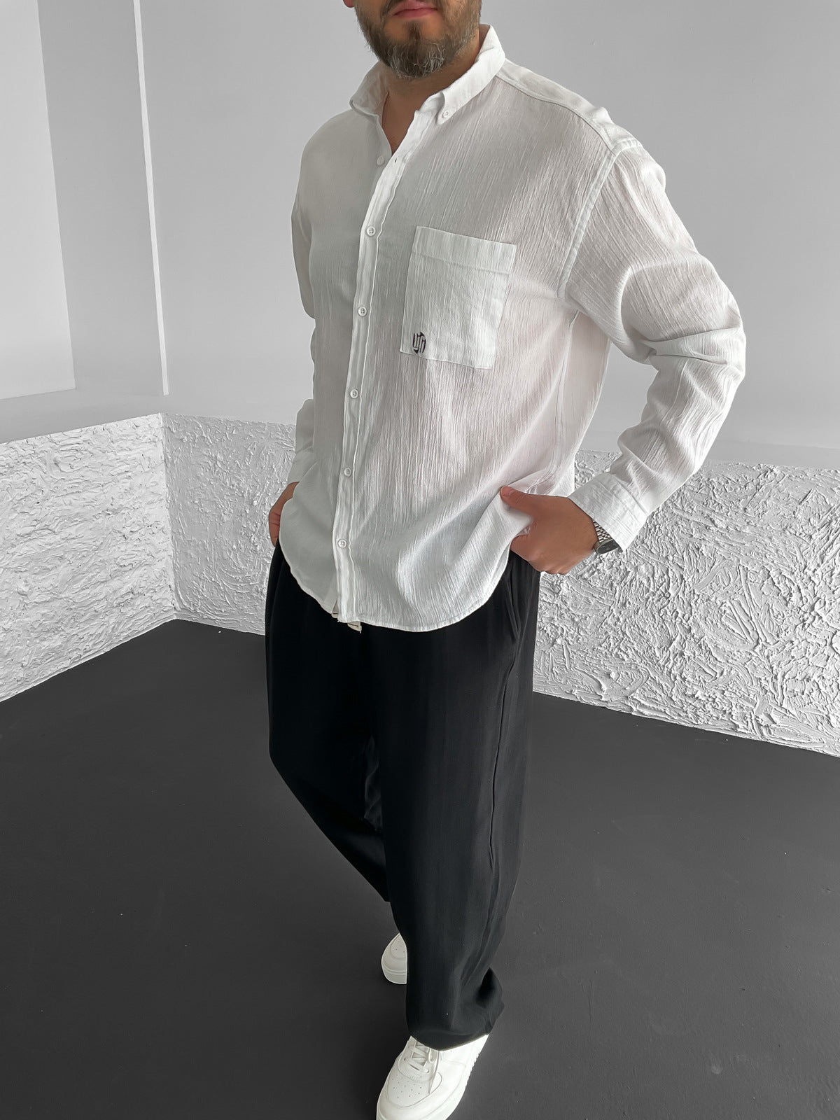 White Pocketed Crinkle Shirt