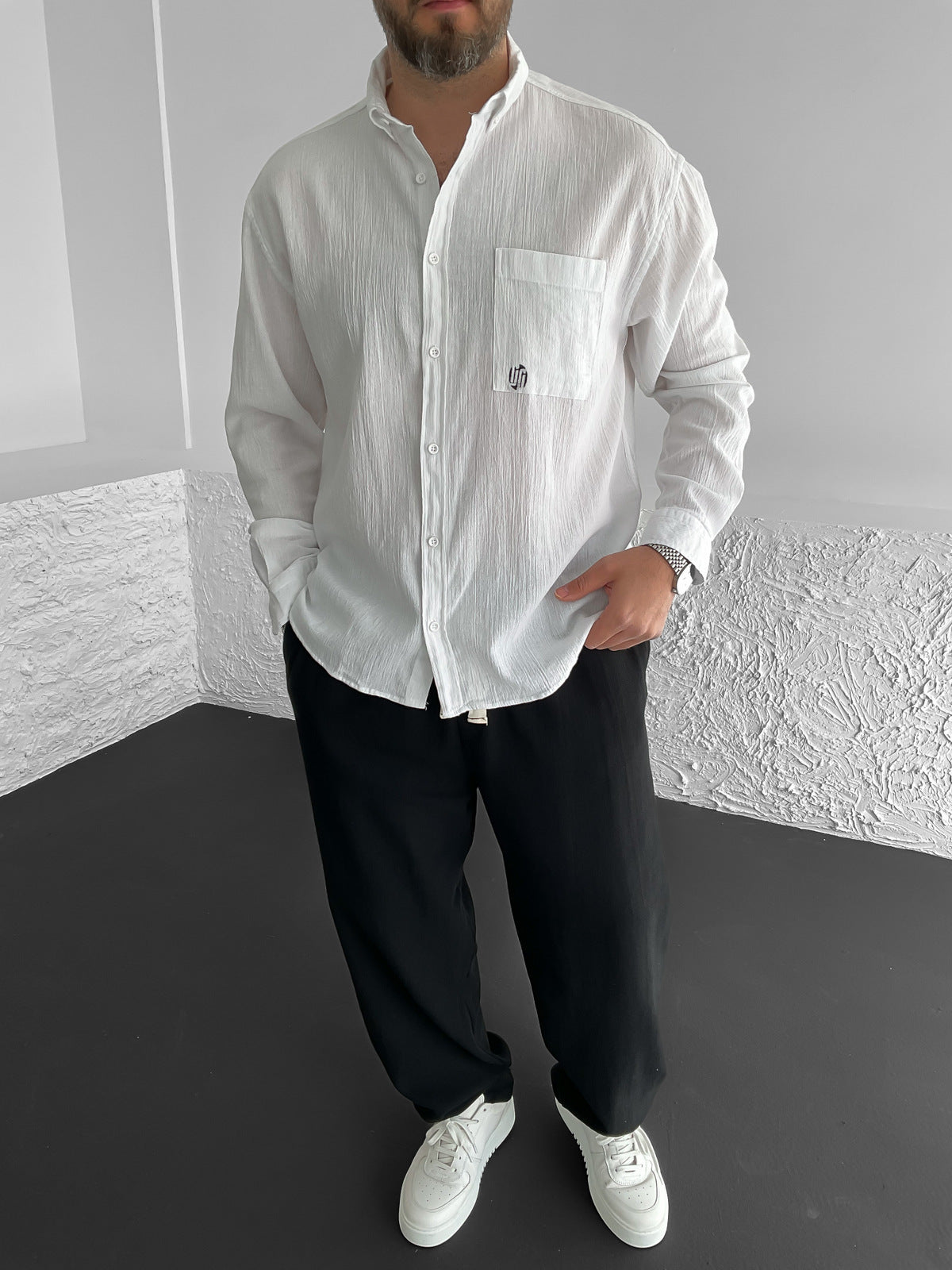 White Pocketed Crinkle Shirt