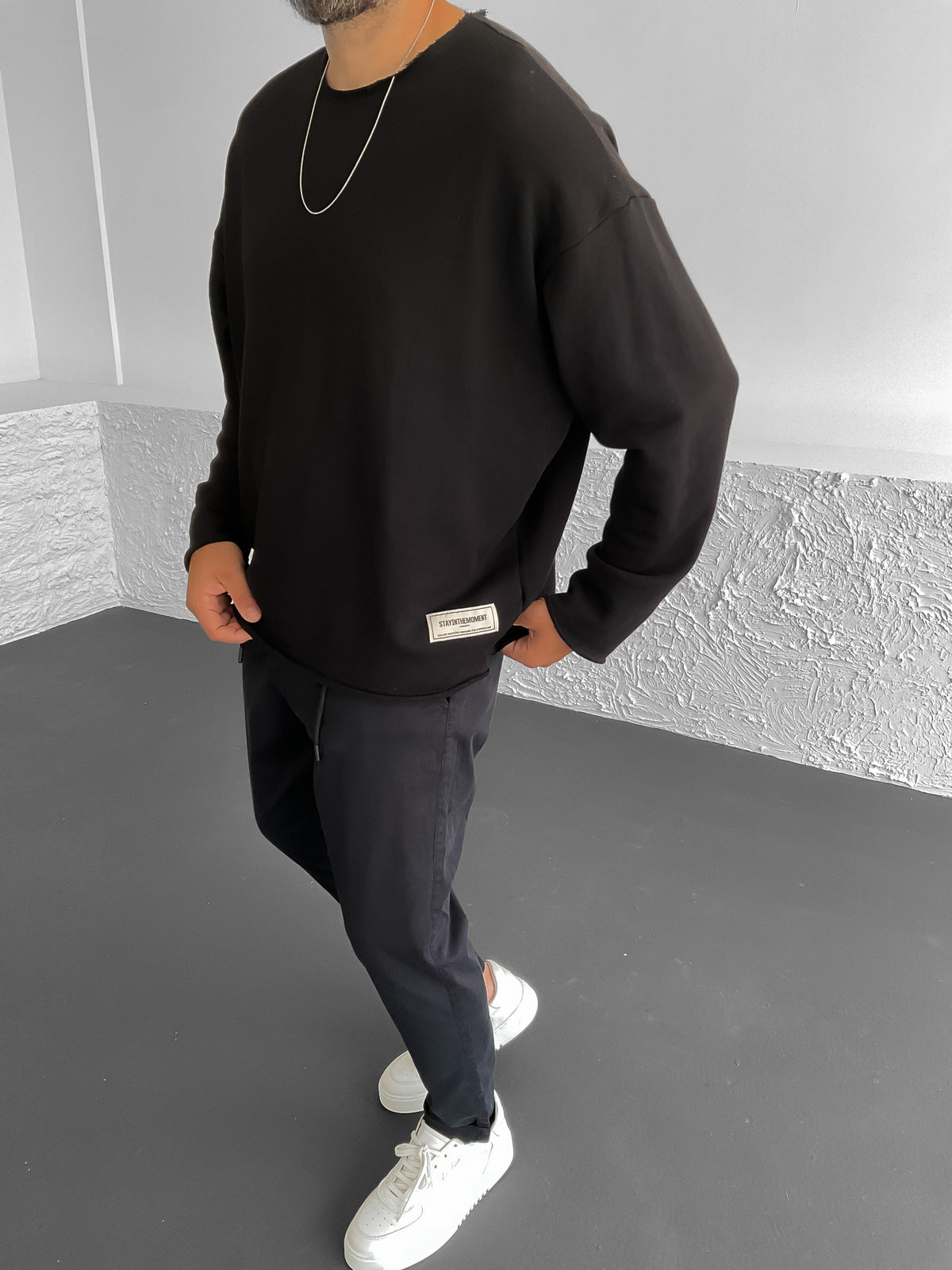 Black No Collar Basic Sweatshirt