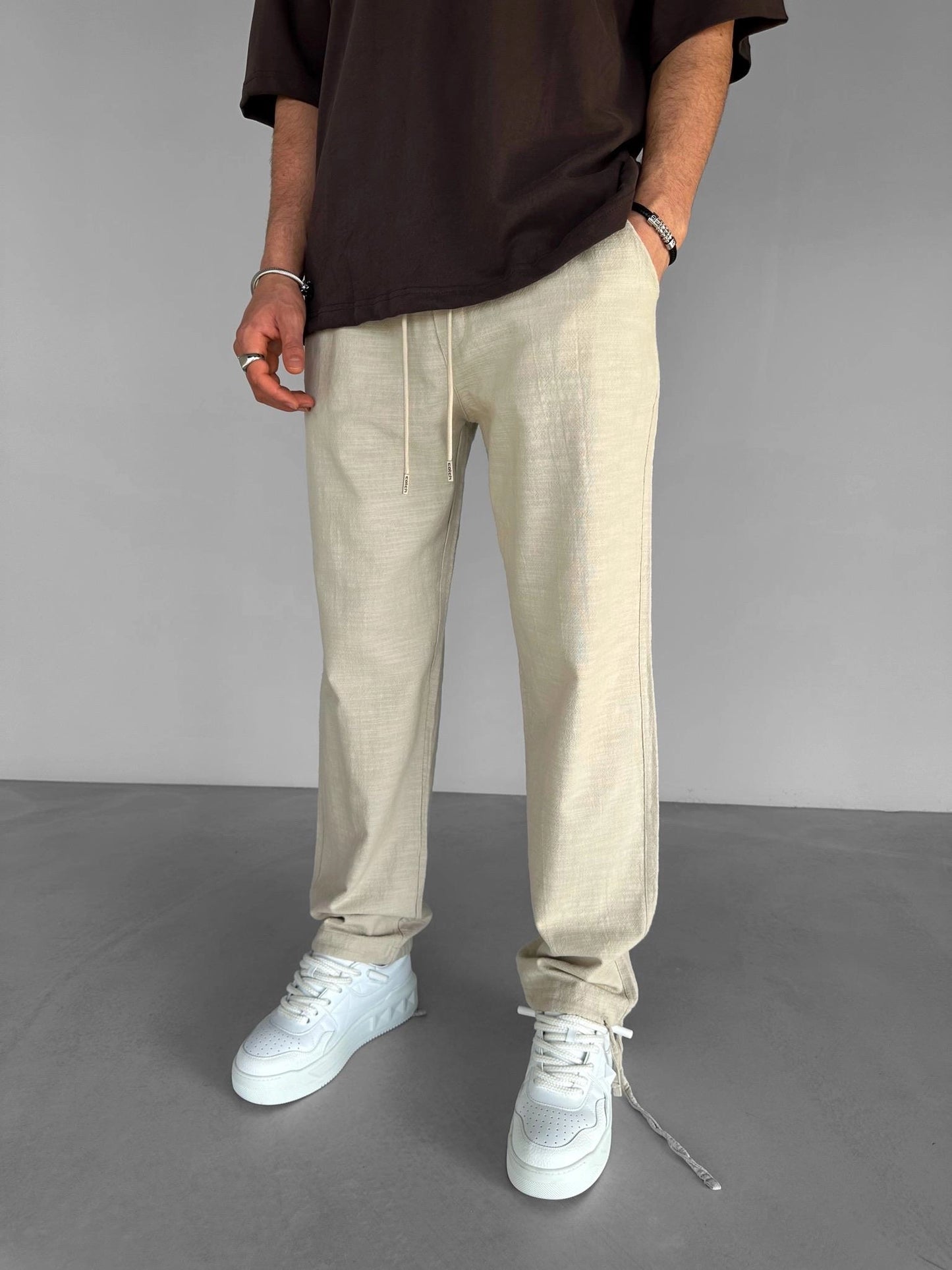 BEIGE ELASTIC WAIST LINEN TROUSERS