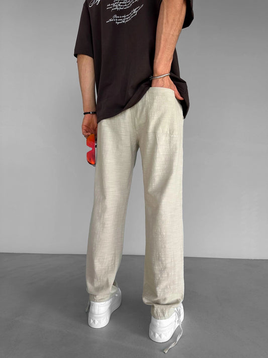 BEIGE ELASTIC WAIST LINEN TROUSERS