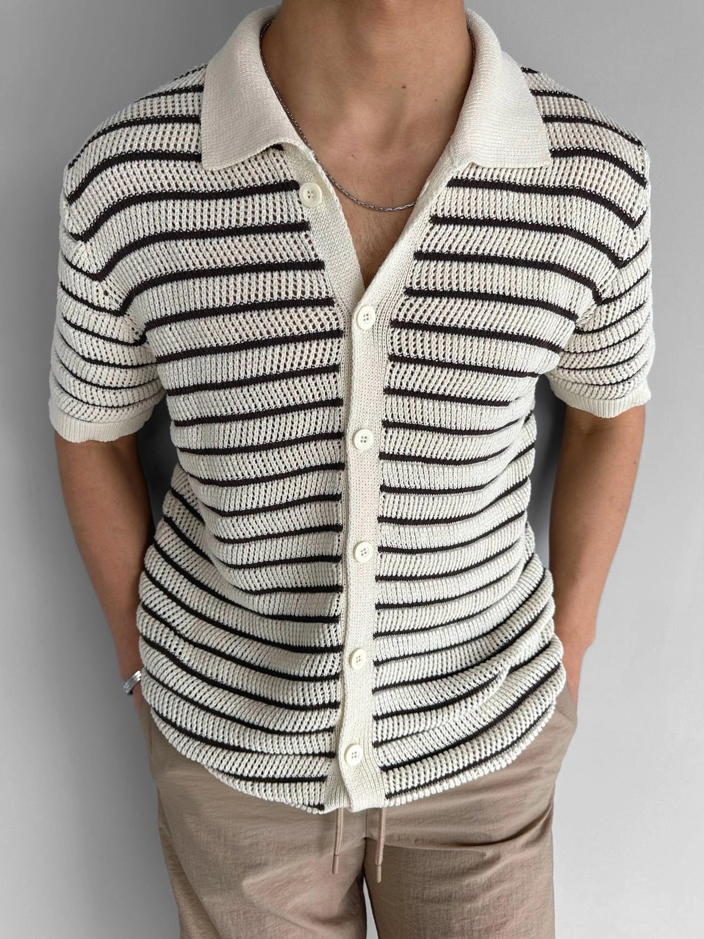BEIGE STRIPED POLO NECK SHIRT