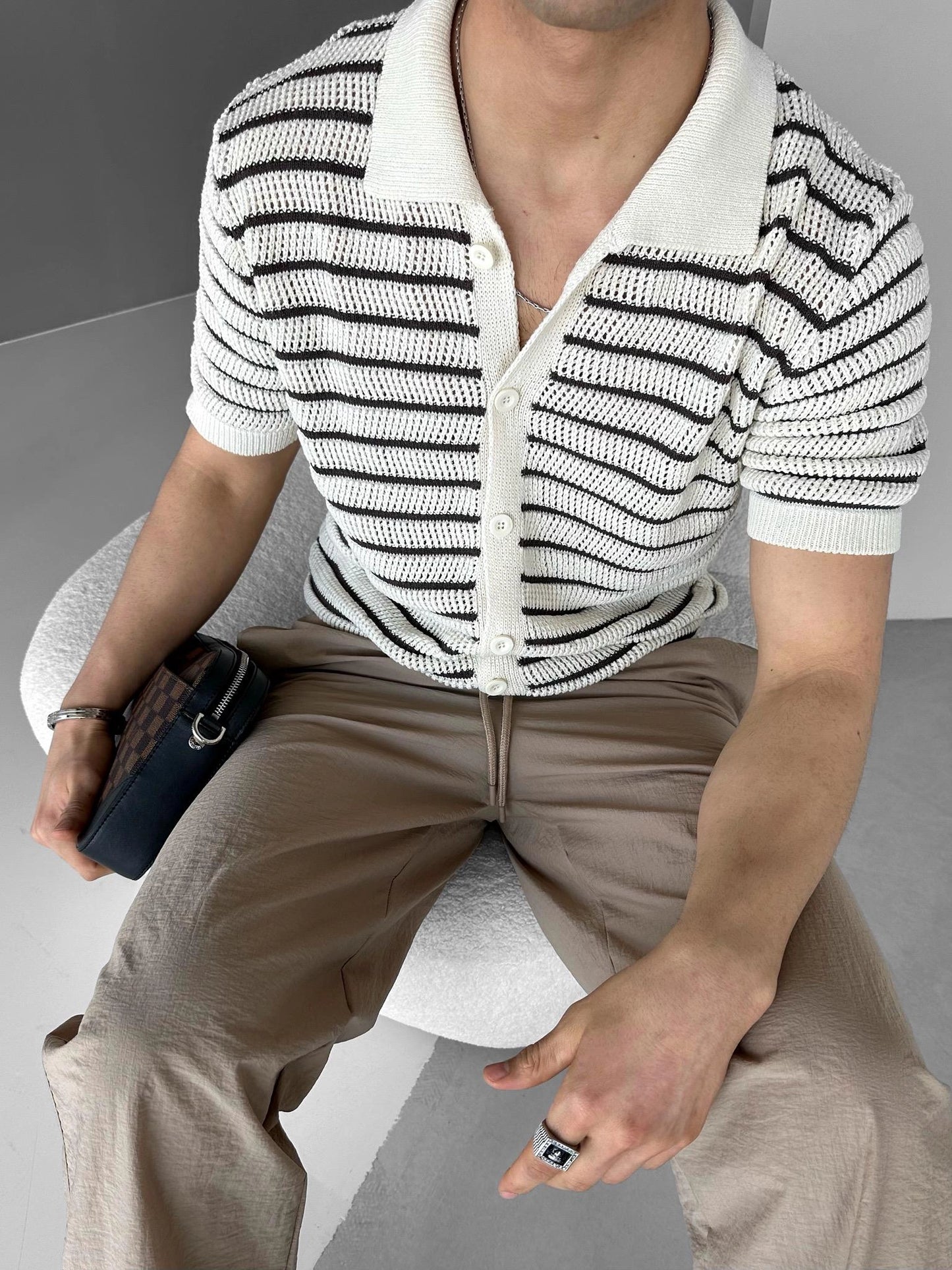 BEIGE STRIPED POLO NECK SHIRT