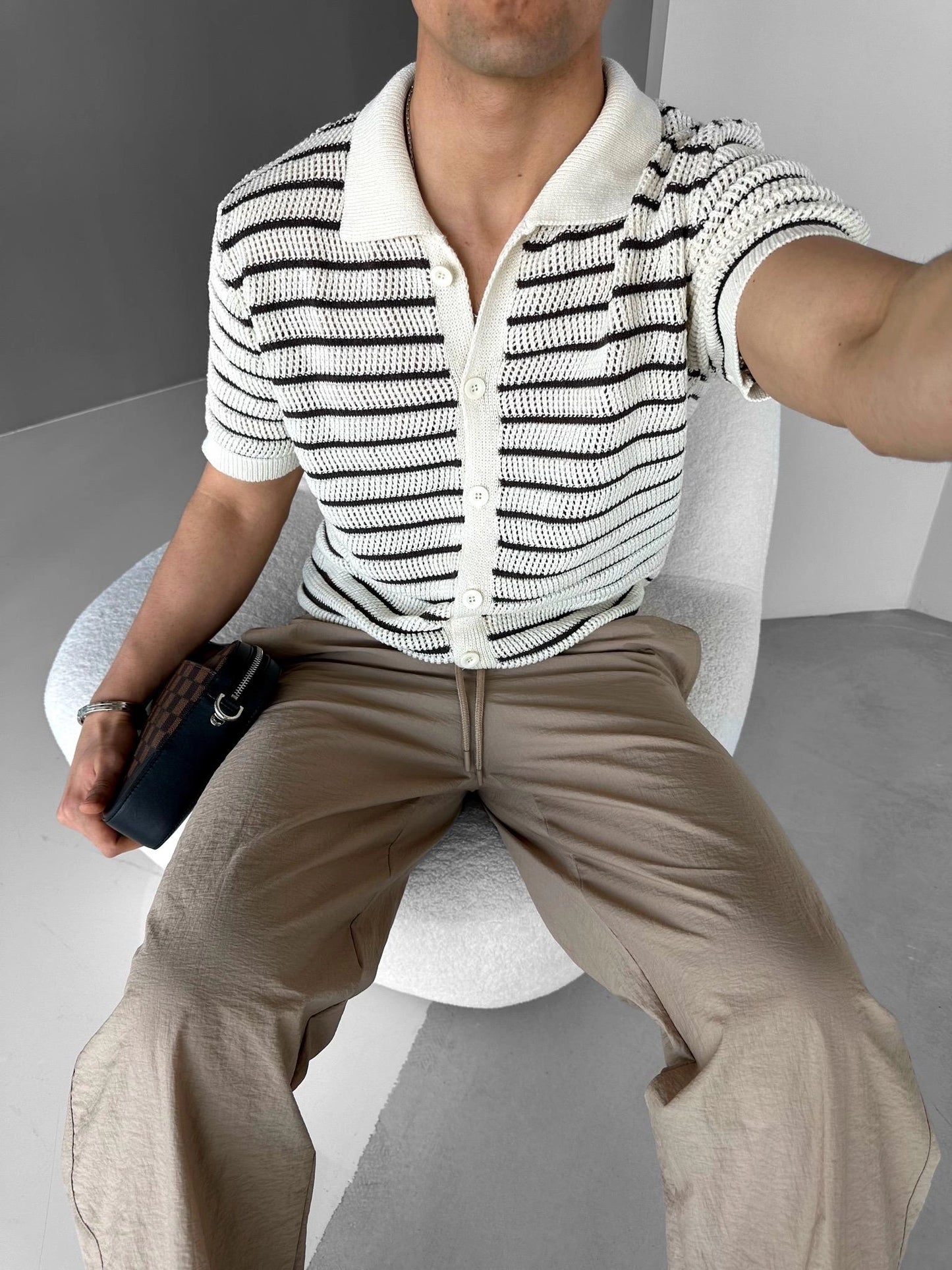 BEIGE STRIPED POLO NECK SHIRT