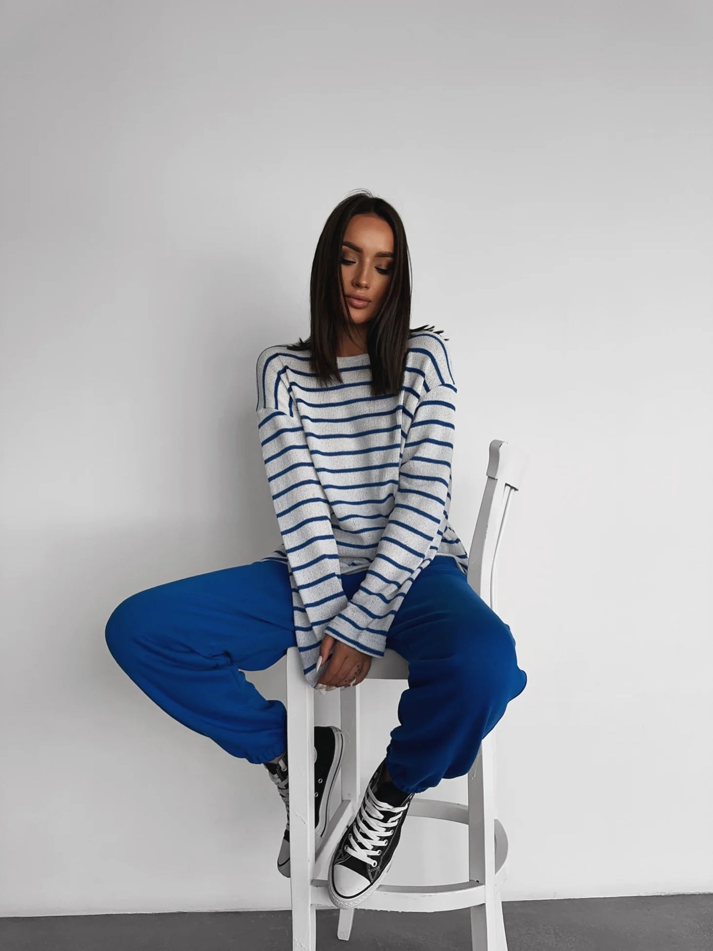 Blue Oversize Strip Knit Sweater