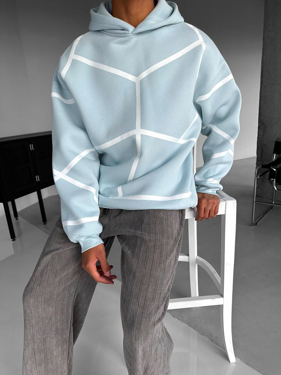 Baby Blue Geometric Patterned Hoodie