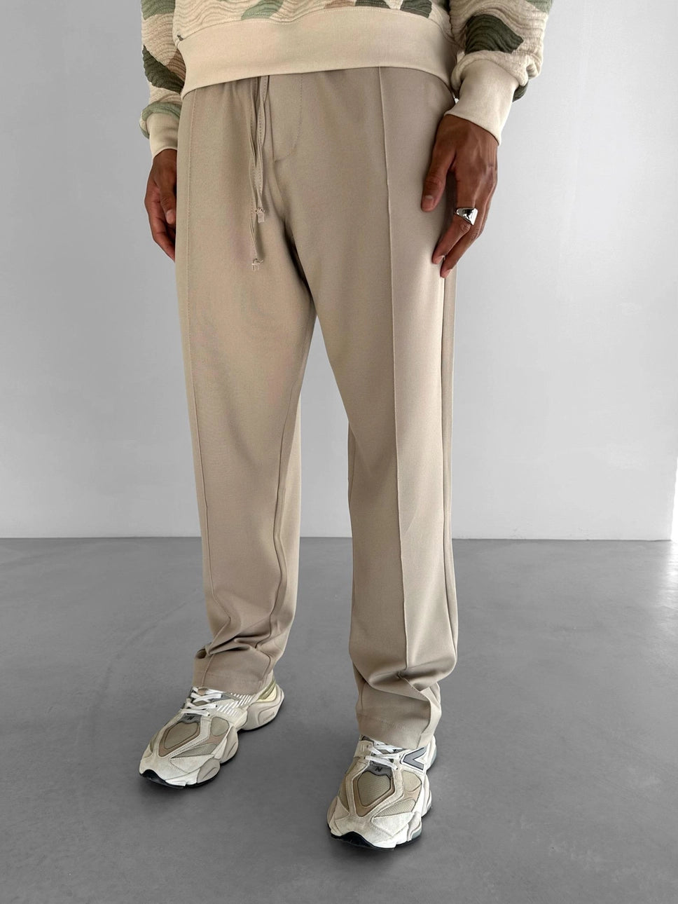 Beige Elastic Waist Baggy Trousers
