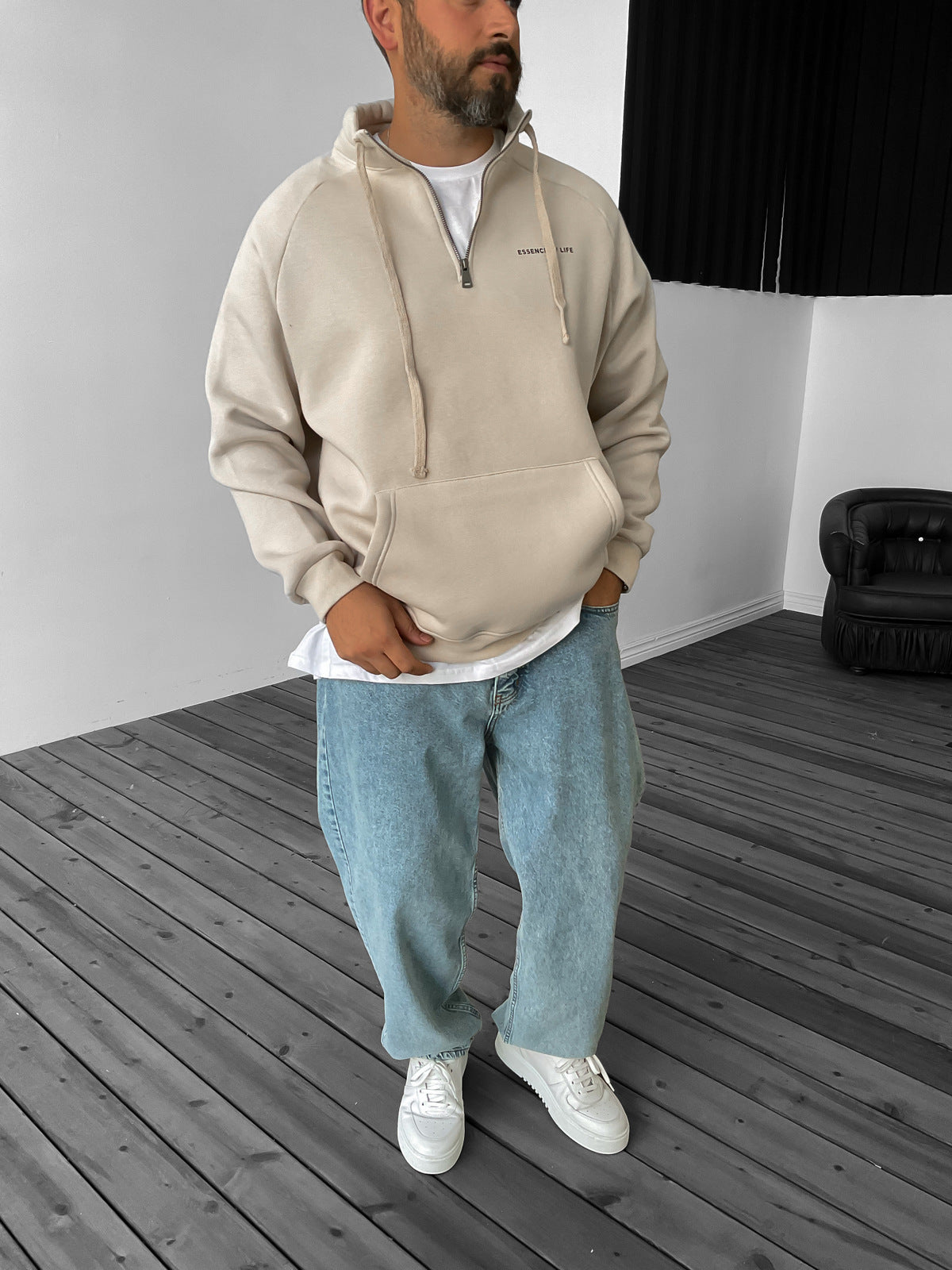 Beige Essence Half Zipper Sweatshirt