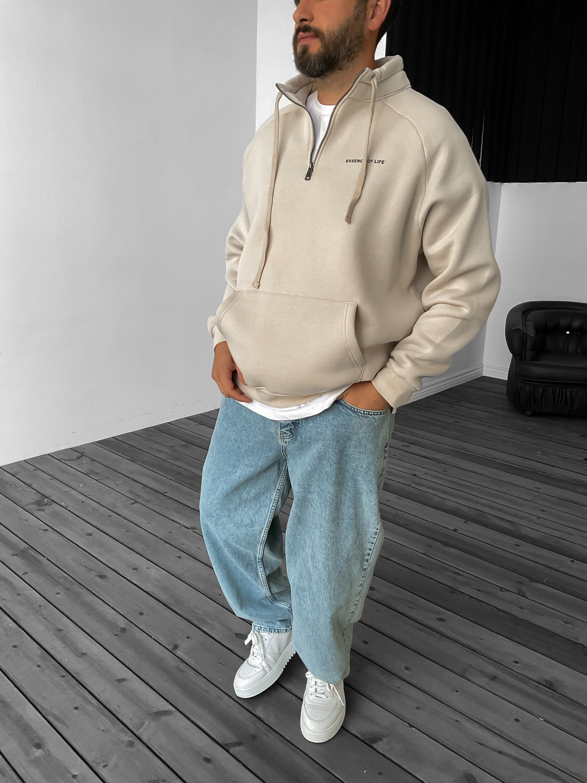Beige Essence Half Zipper Sweatshirt