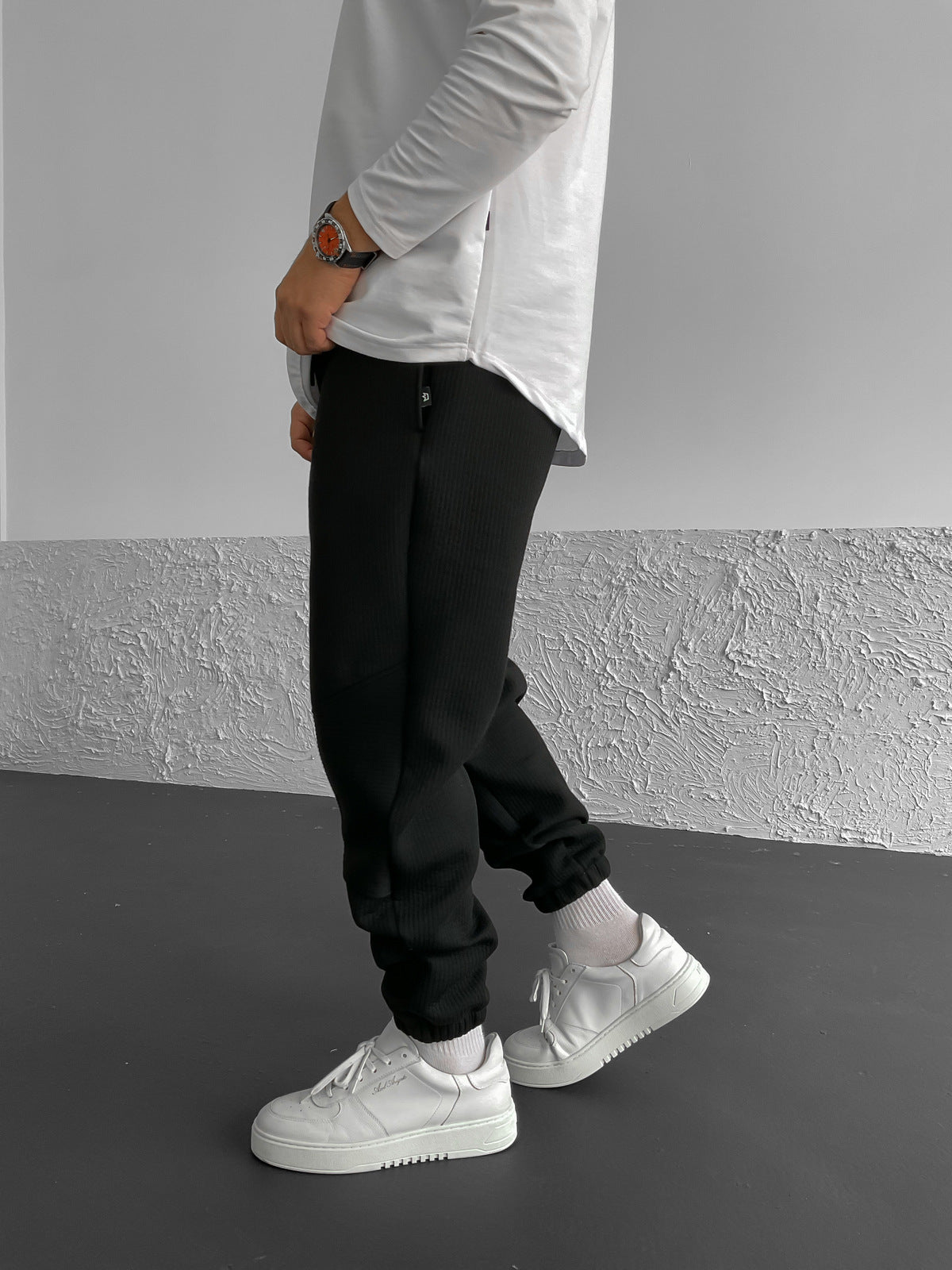 Black Ribbed Knee Detailed Jogger