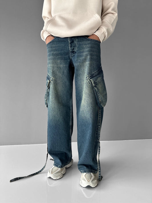 Blue Baggy Fit String Cargo Jeans
