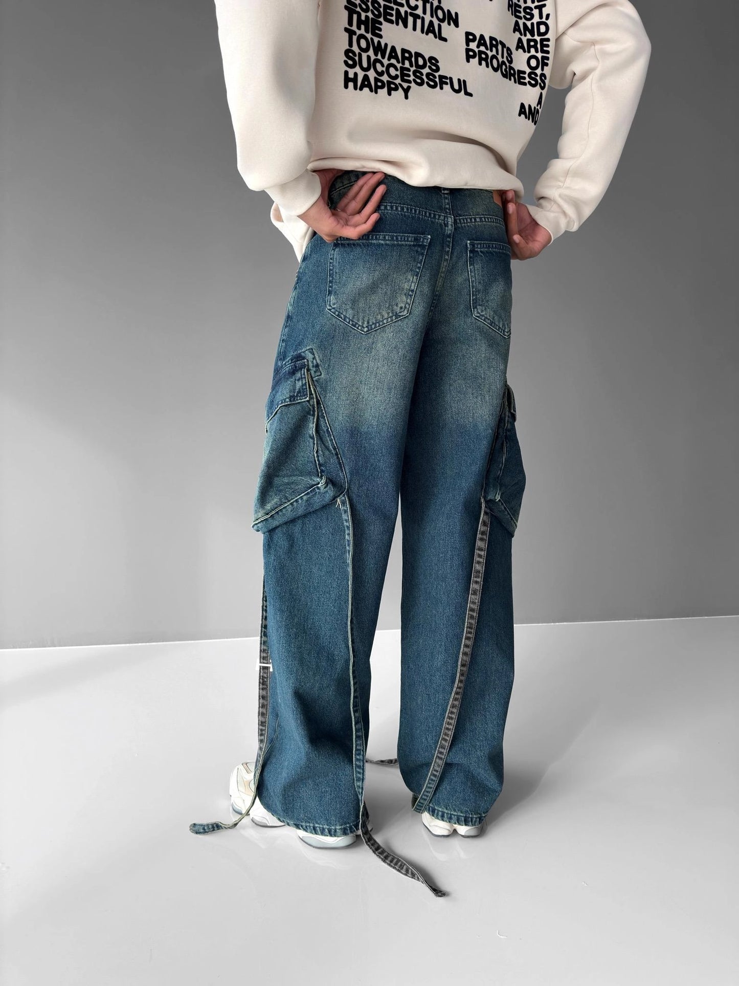 Blue Baggy Fit String Cargo Jeans
