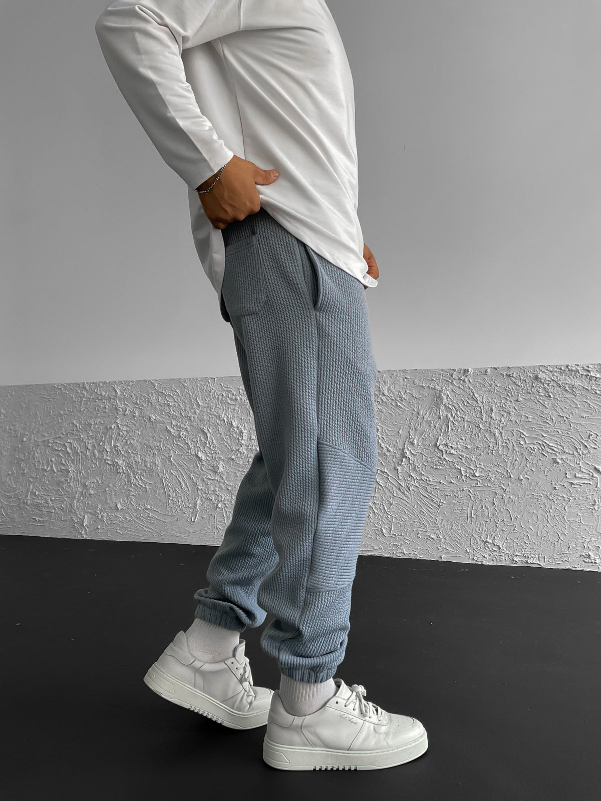 Blue Ribbed Knee Detailed Jogger