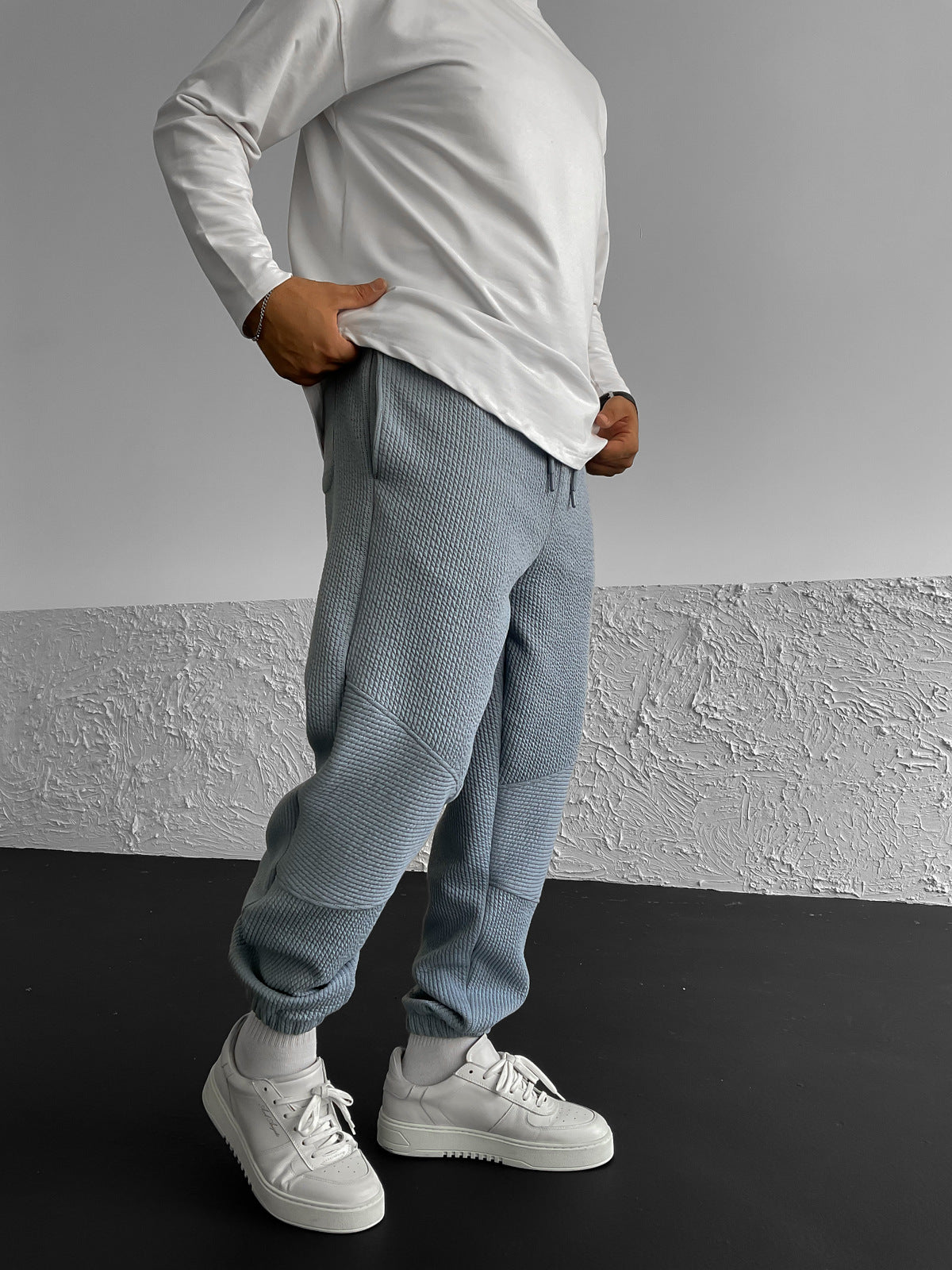 Blue Ribbed Knee Detailed Jogger