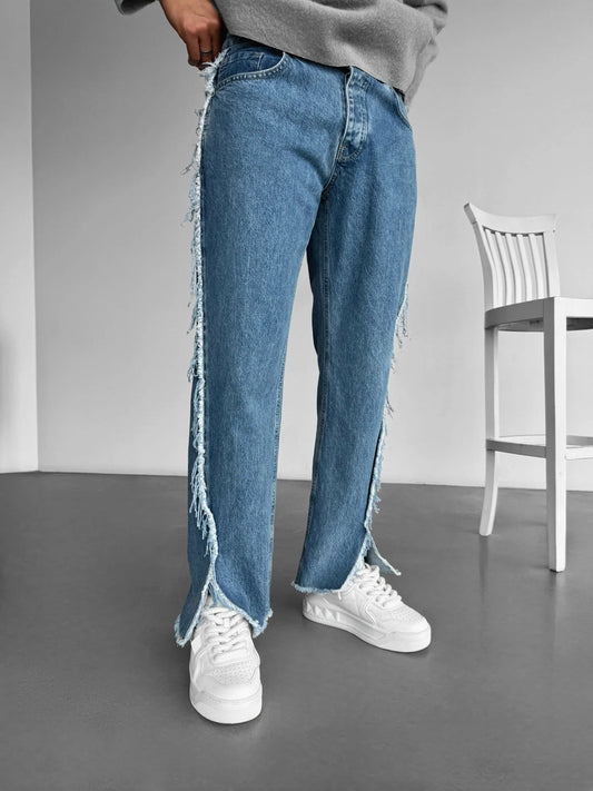 Dark Blue Loose Fit Torn Line Jean