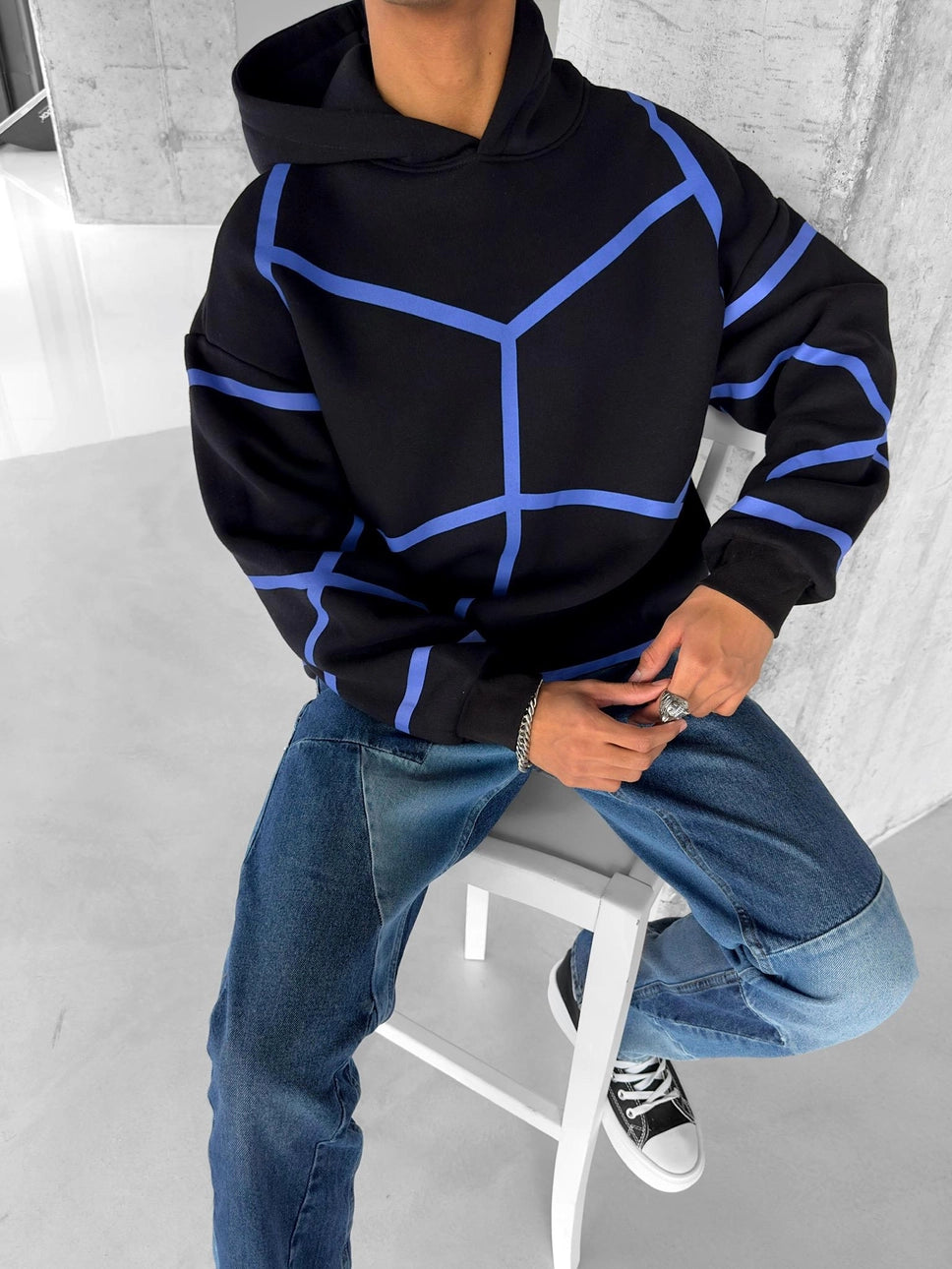 Black Geometric Patterned Hoodie