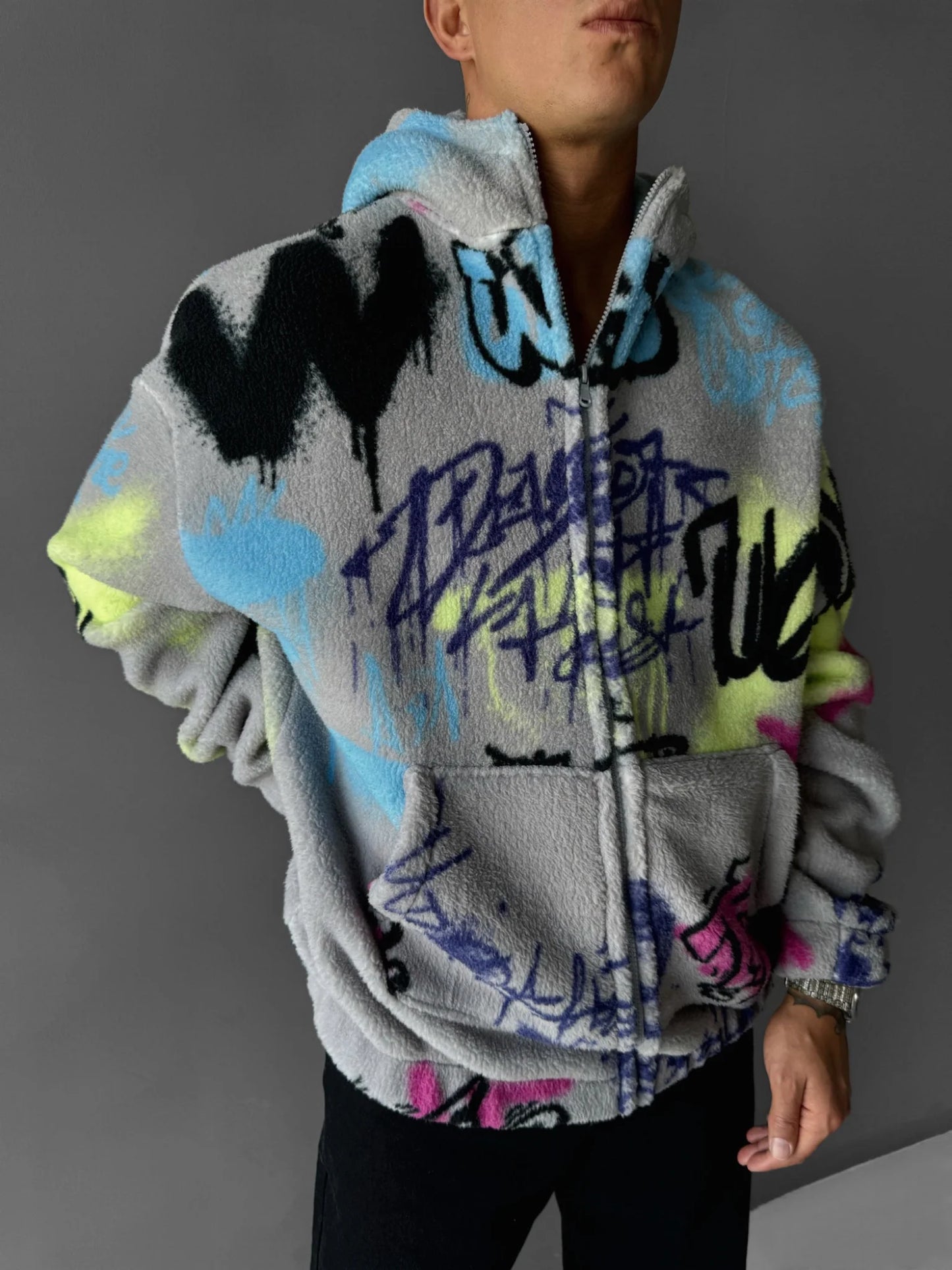 GREY OVERSIZE GRAFFITI PLUSH ZIPPER JACKET