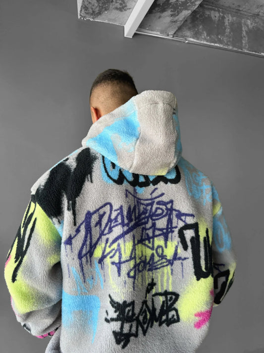 GREY OVERSIZE GRAFFITI PLUSH ZIPPER JACKET