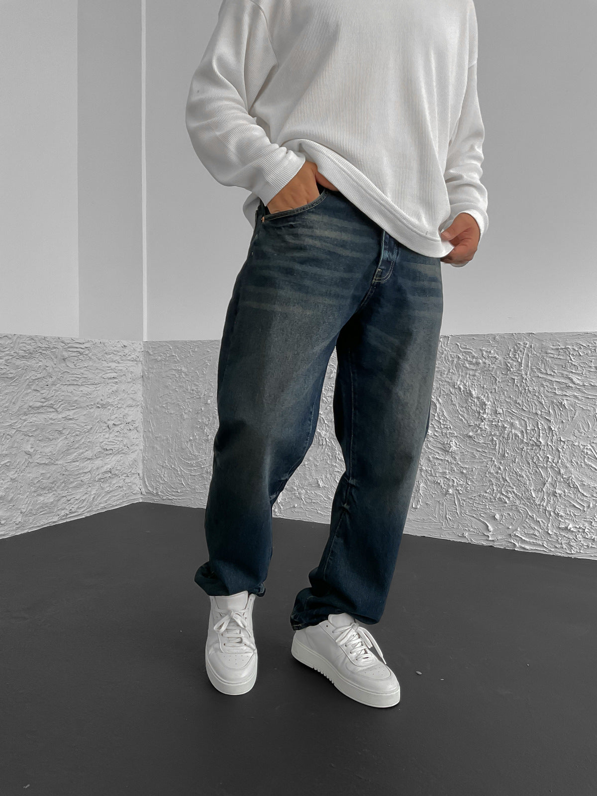 Navy Blue Effect Washed Baggy Jeans