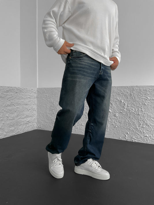 Navy Blue Effect Washed Baggy Jeans