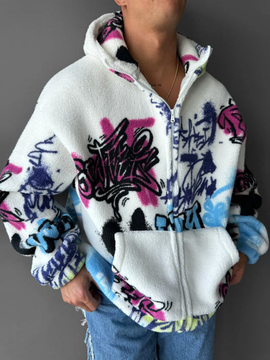 WHITE OVERSIZE GRAFFITI PLUSH ZIPPER JACKET