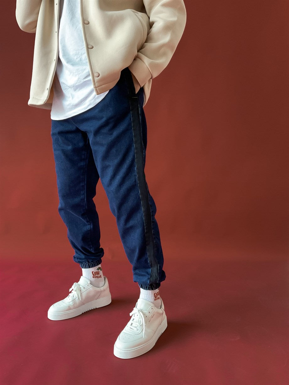 Navy Blue Elastic Side Striped Pants