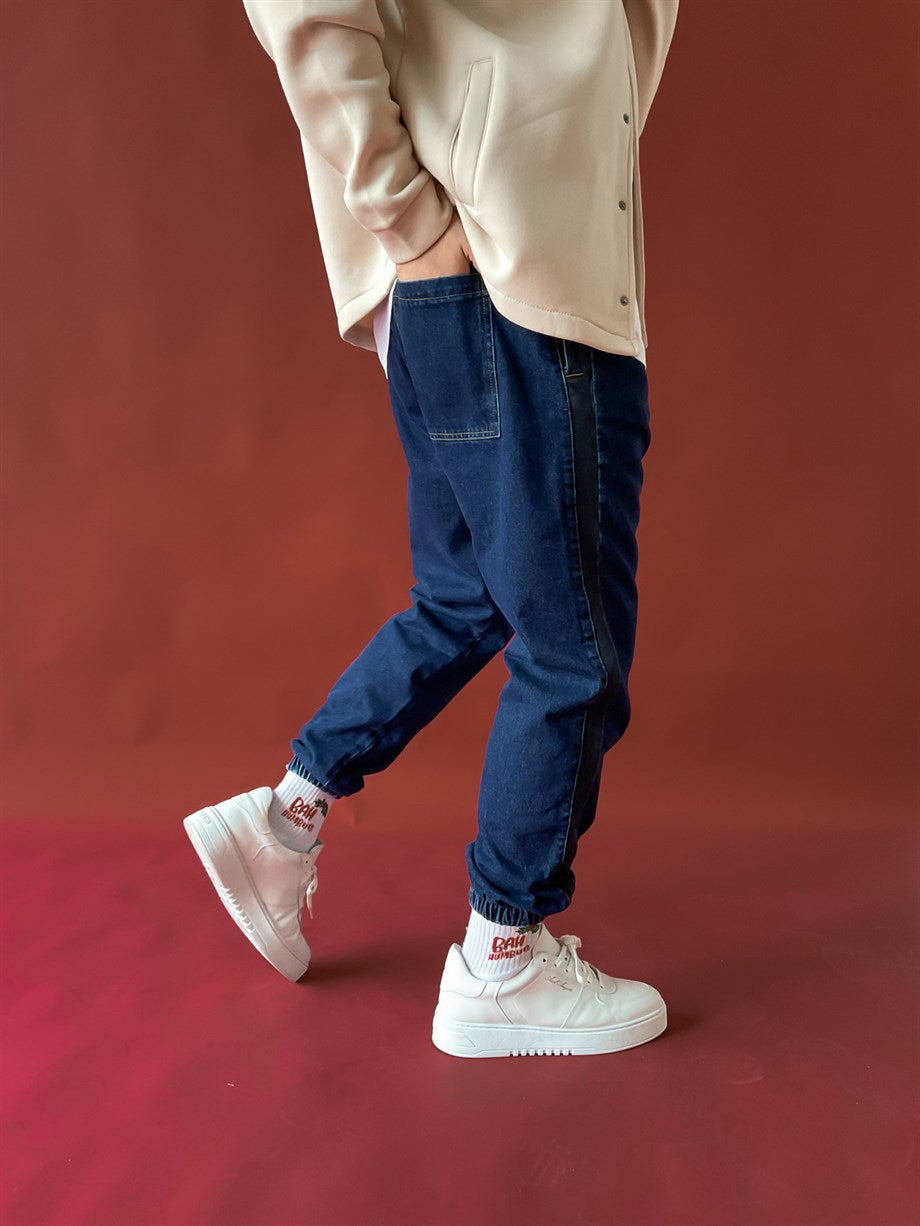 Navy Blue Elastic Side Striped Pants