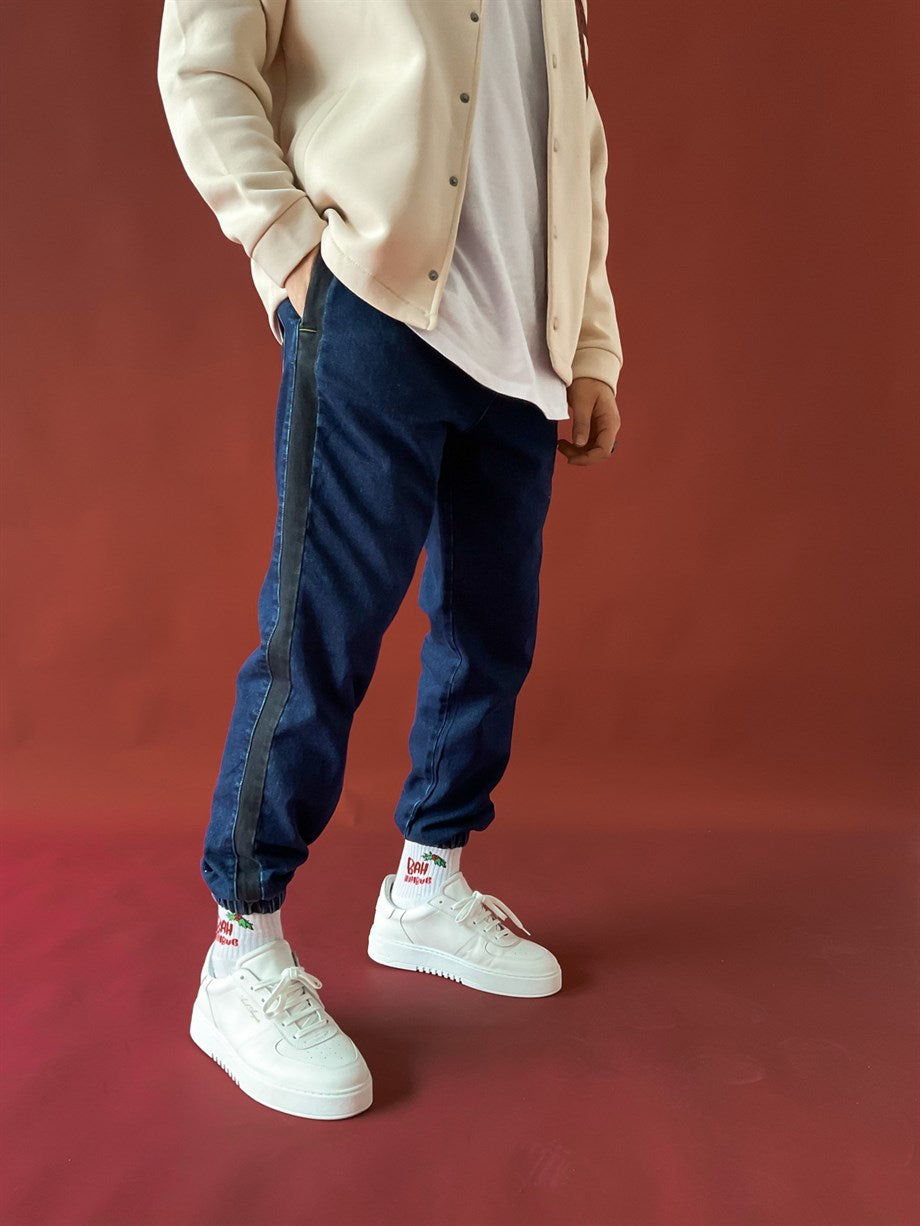 Navy Blue Elastic Side Striped Pants