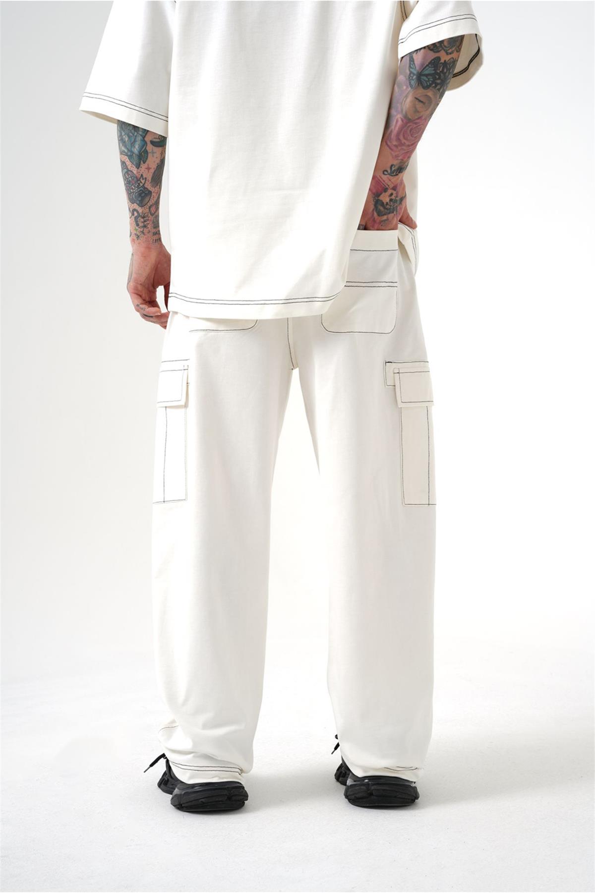 White Sewed Cargo Pants