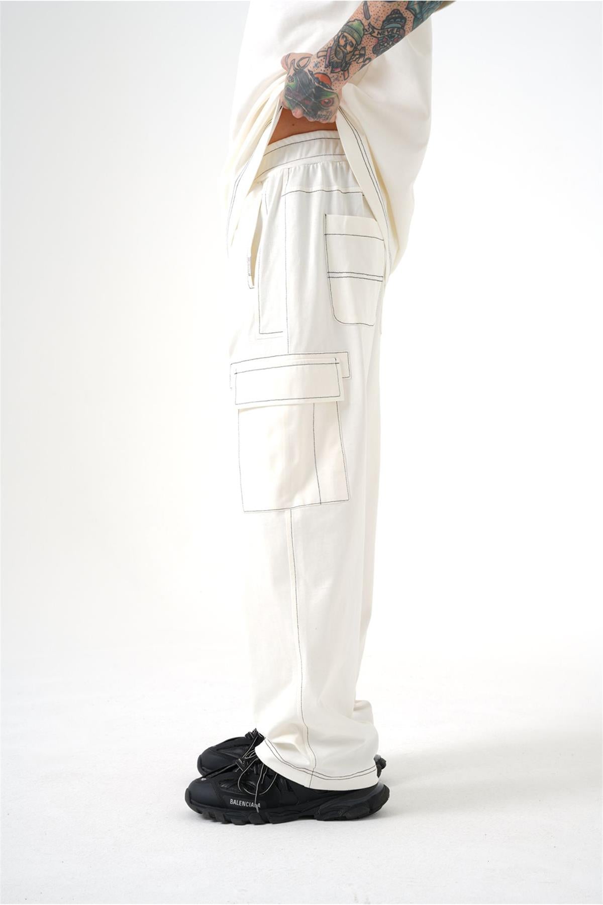 White Sewed Cargo Pants