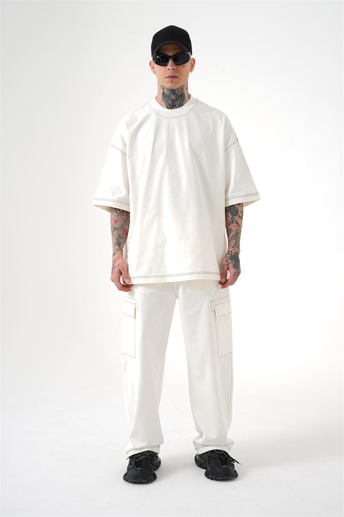 White Sewed Cargo Pants