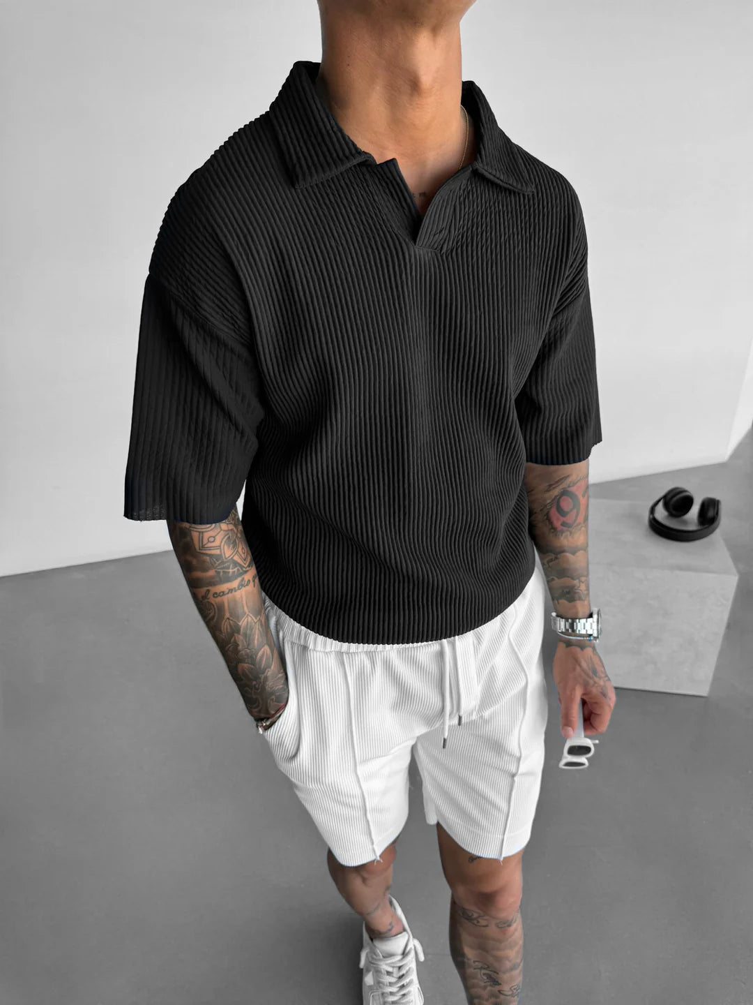 BLACK RIBBED POLO T-SHIRT