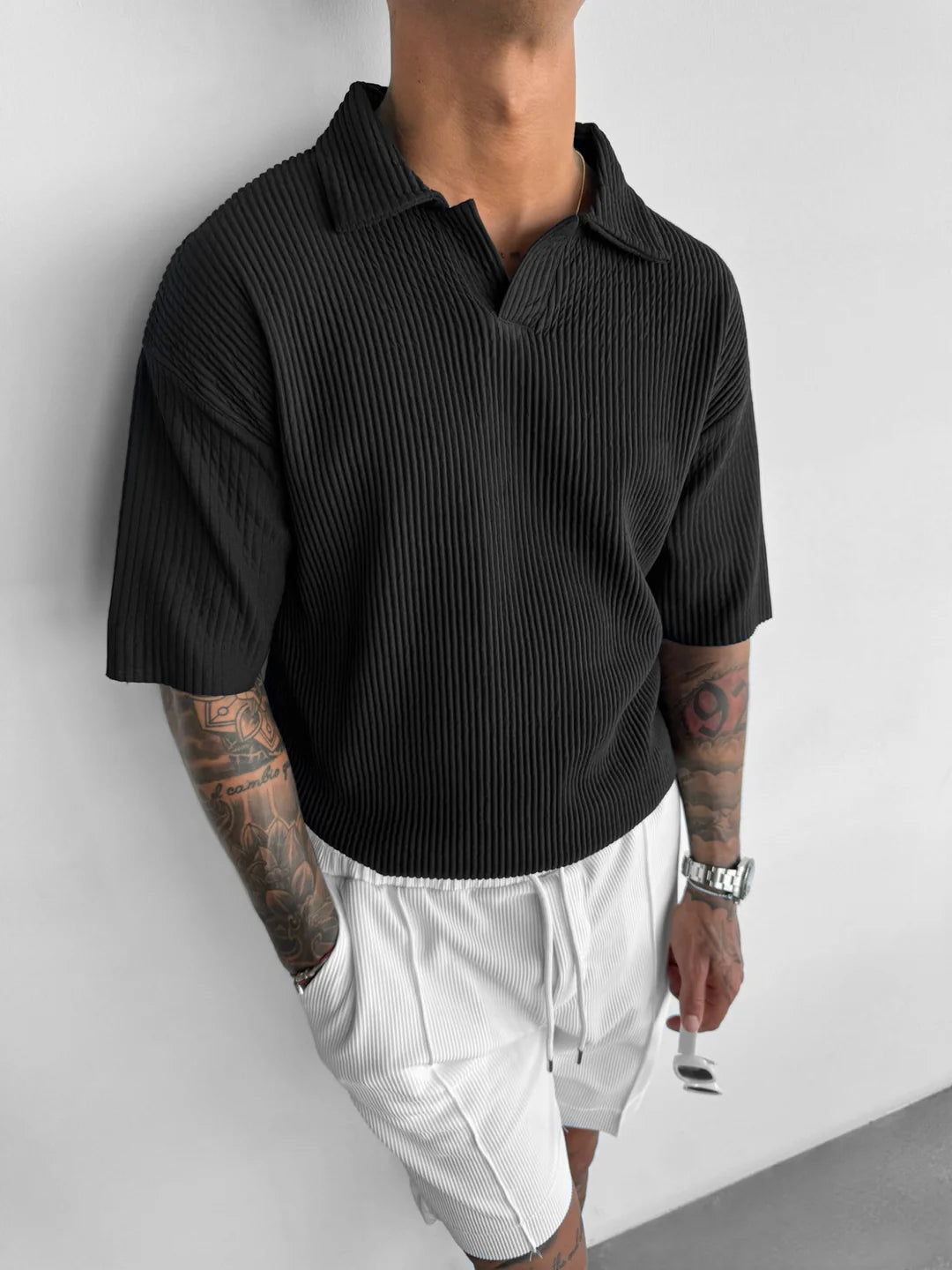 BLACK RIBBED POLO T-SHIRT