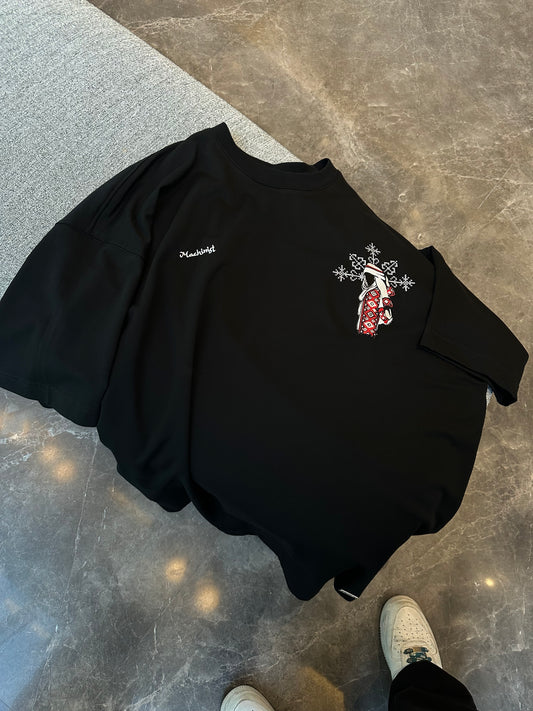 BLACK ETHNIC FIGURE EMBROIDERED T-SHIRT