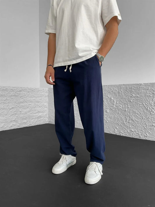 Navy Blue Pleated Baggy Linen Trousers