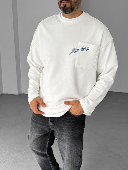 WHITE POCKET TEXT EMBROIDERED SWEATSHIRT