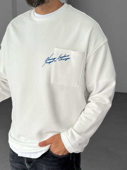 WHITE POCKET TEXT EMBROIDERED SWEATSHIRT