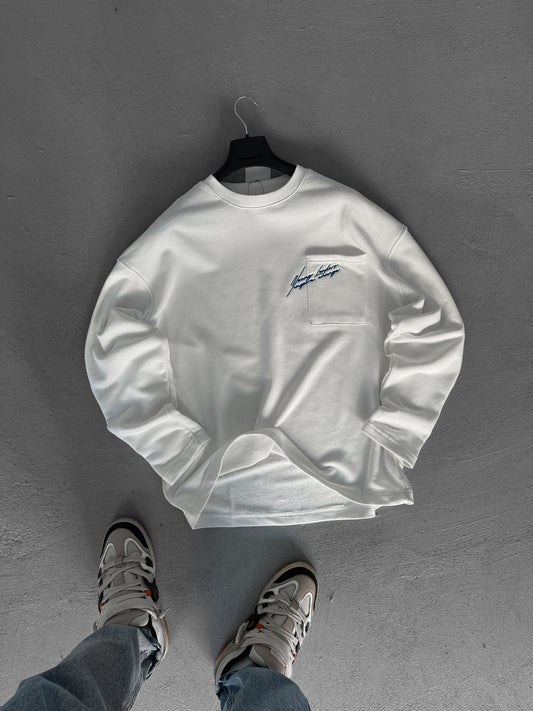 WHITE POCKET TEXT EMBROIDERED SWEATSHIRT