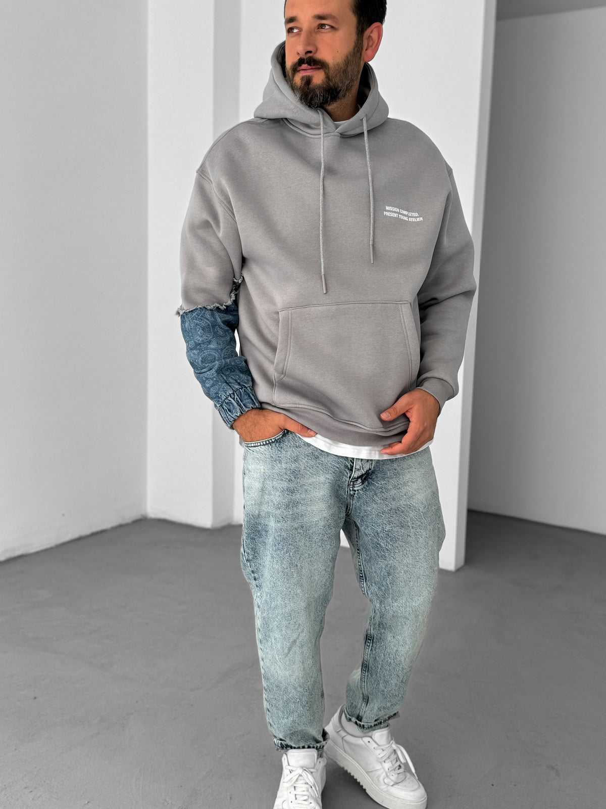 ICE GREY DENIM SLEEVE PATCH HOODIE