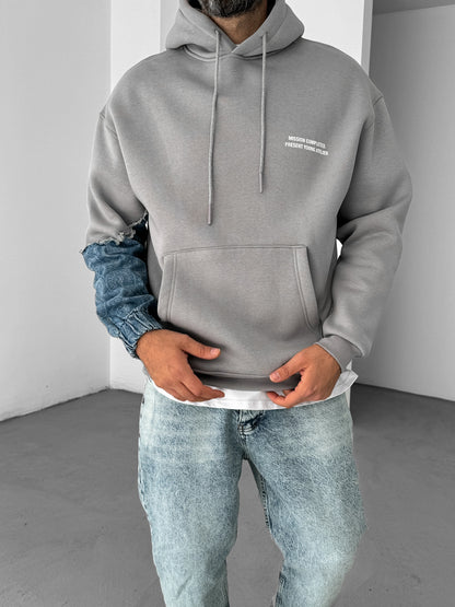 ICE GREY DENIM SLEEVE PATCH HOODIE