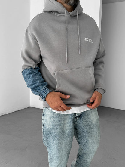 ICE GREY DENIM SLEEVE PATCH HOODIE