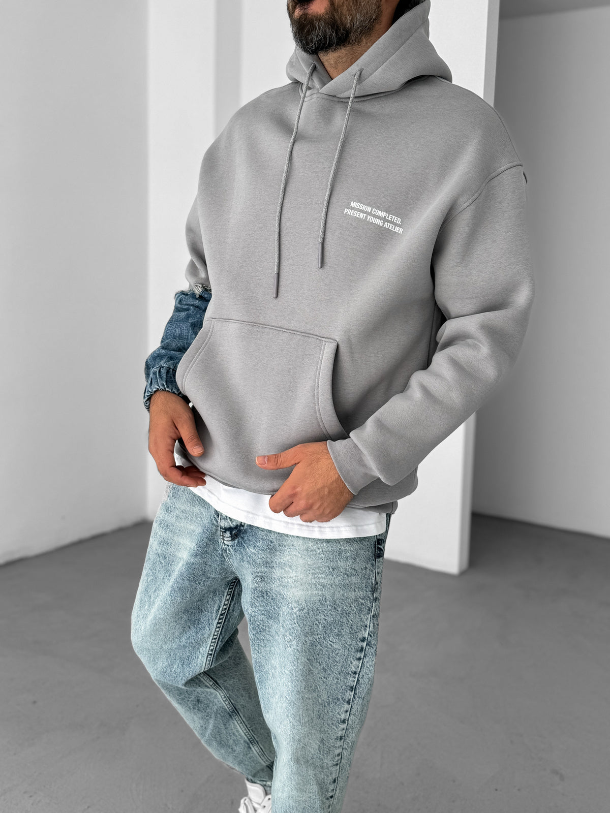 ICE GREY DENIM SLEEVE PATCH HOODIE