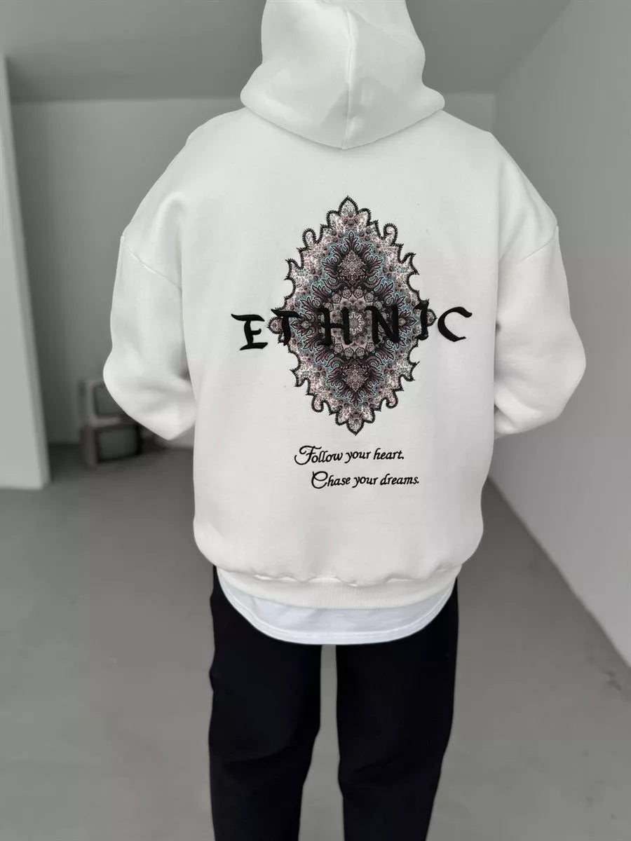 WHITE ETHNIC EMBROIDERED HOODIE