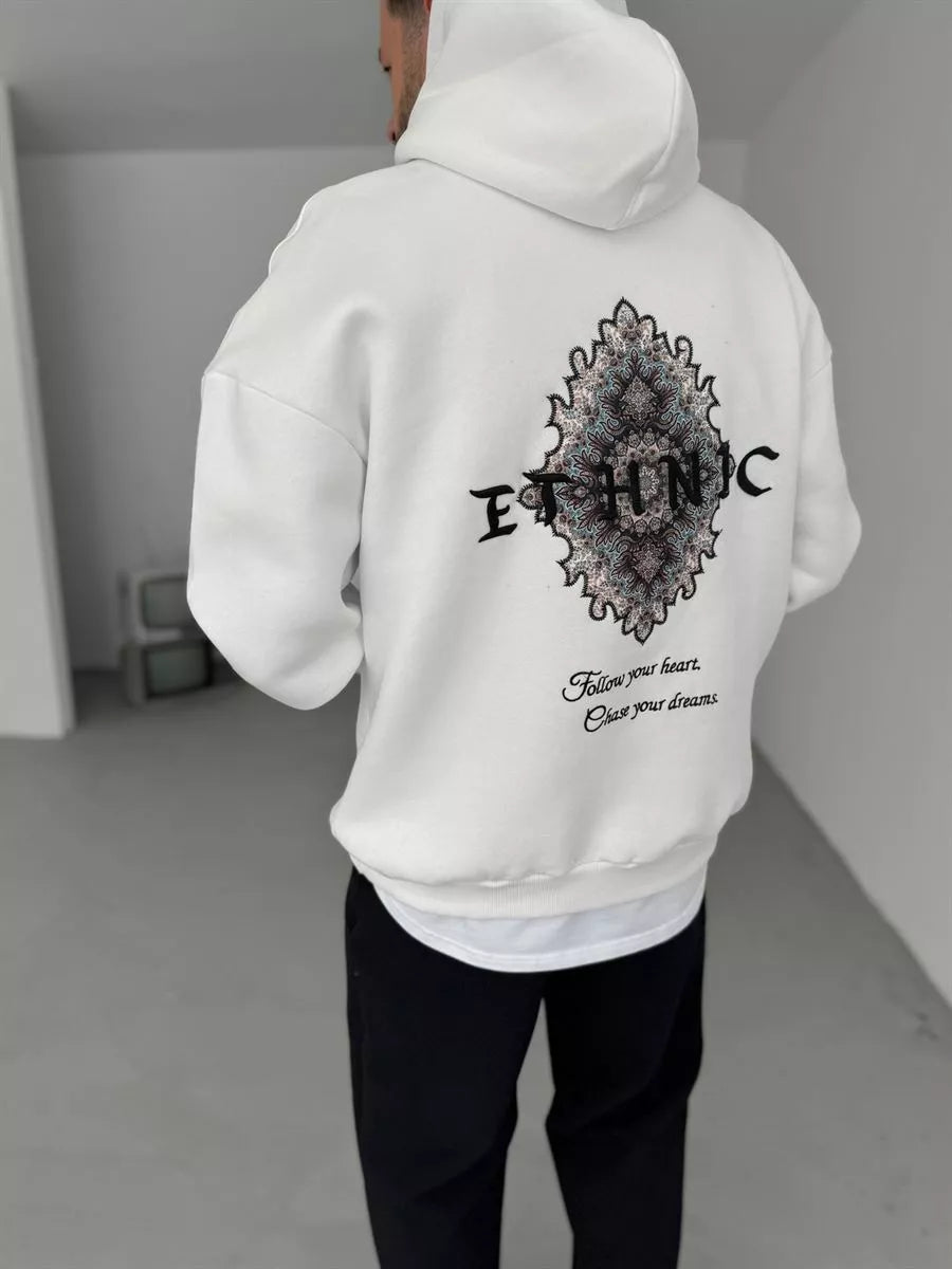 WHITE ETHNIC EMBROIDERED HOODIE