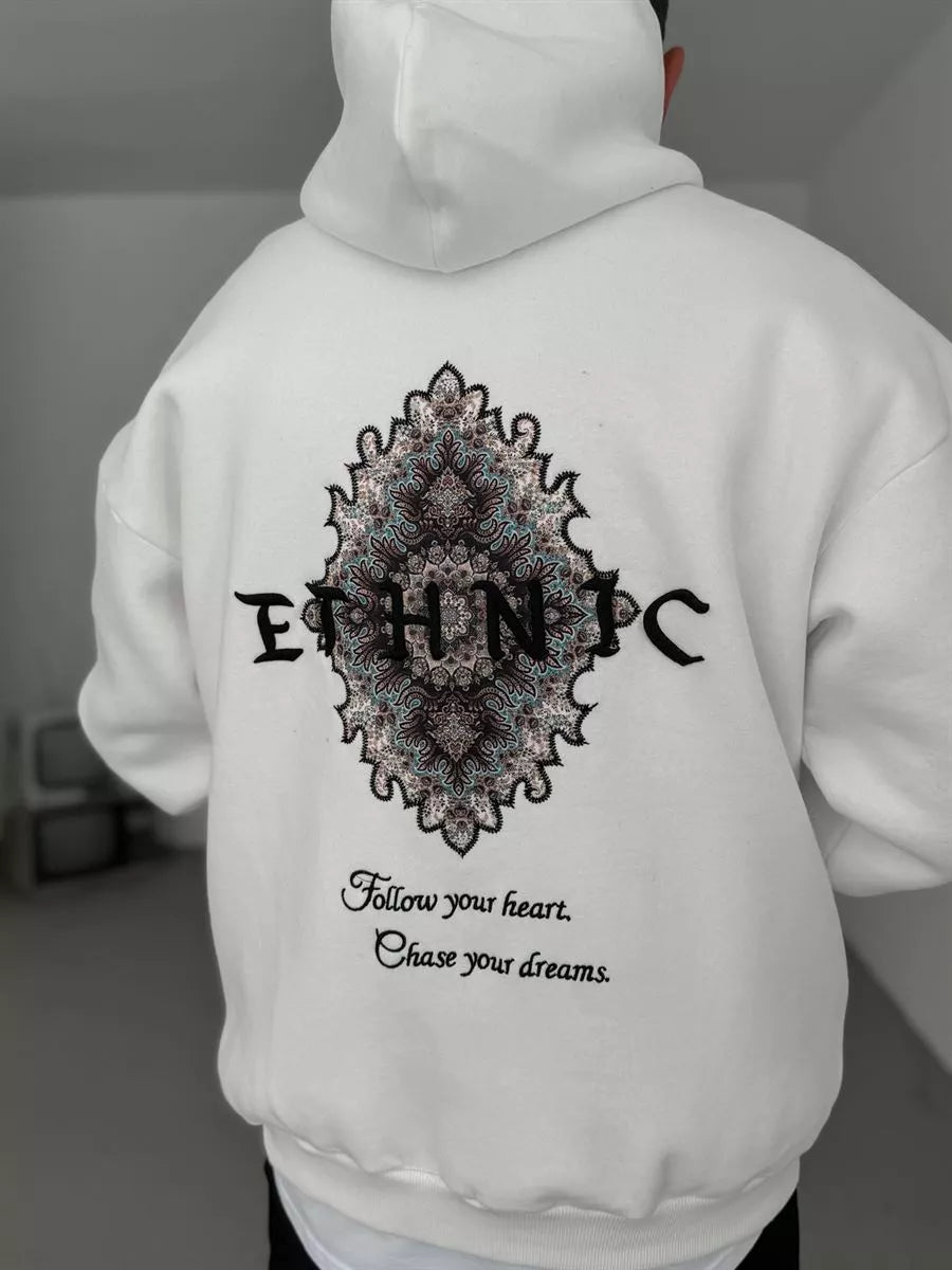 WHITE ETHNIC EMBROIDERED HOODIE