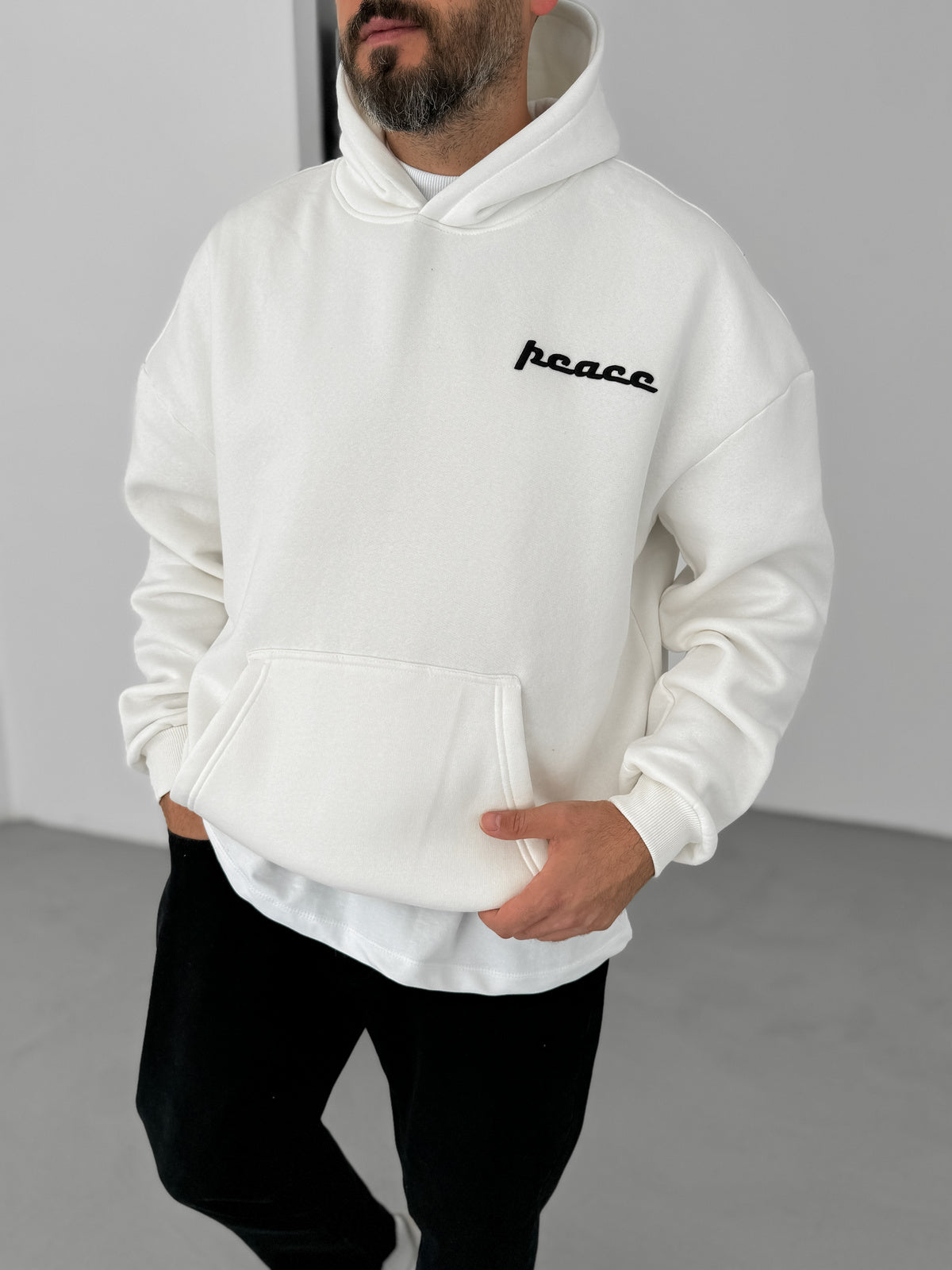 WHITE PEACE EMBROIDERED HOODIE